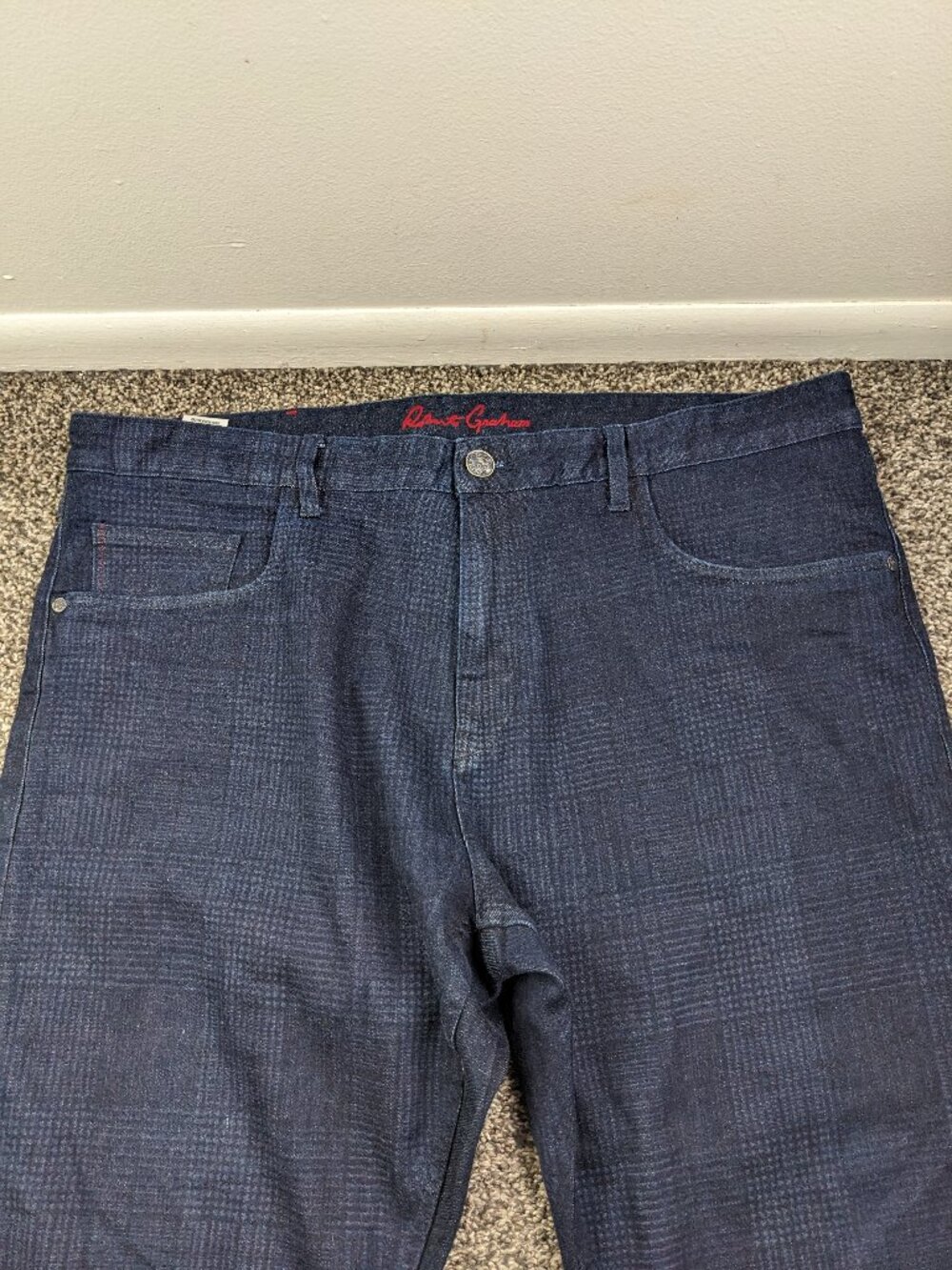 Robert Graham Jeans Mens 40x36 Kipling Tailored Plaid Dark Wash Blue Stretch